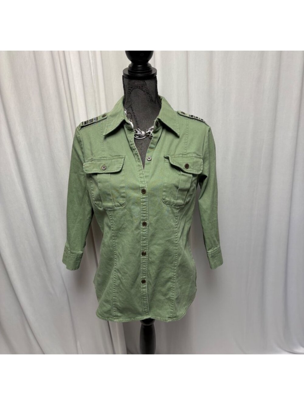 New York Company Shirt Womens Medium Green Utility Button Front Stretch Top